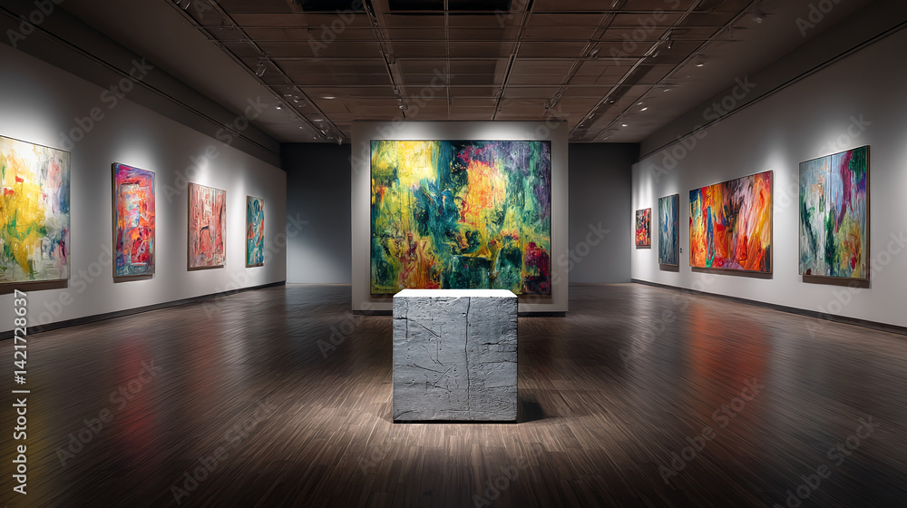 Poster gallery interior with abstract colorful paintings on walls and a gray cube pedestal in the center, s