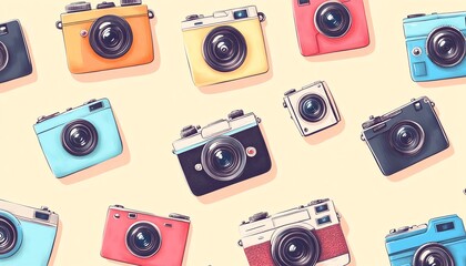 Pastelthemed pattern of handdrawn Polaroid frames and vintage cameras, sketchstyle icons with minimal modern layout, retro photography vibe
