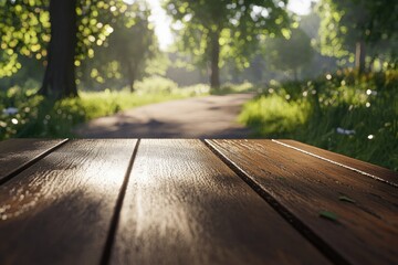 Obraz premium Park scene with wooden table