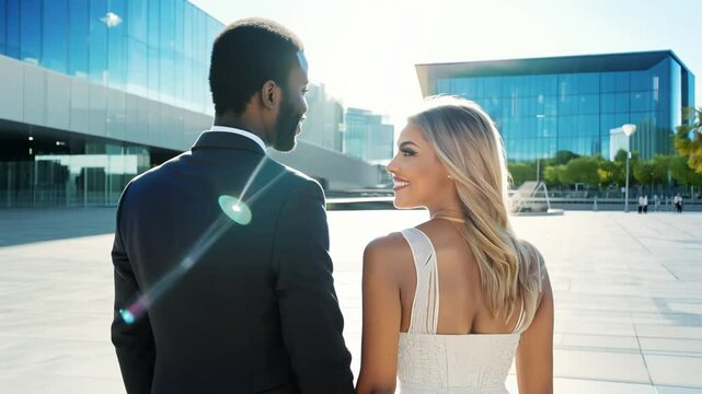 Slow zoom out video to showcase a black man with ebony skin and a caucasian woman, standing together in a modern plaza