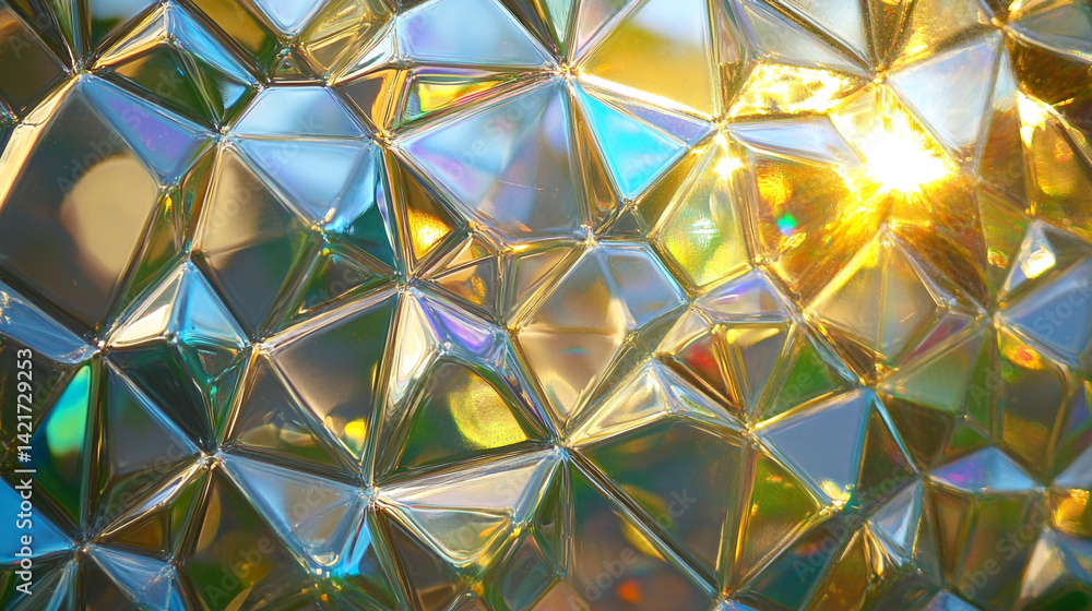 Poster prismatic faceted surface with colorful light refraction creating a stunning visual display of golde
