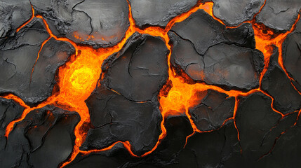 Glowing Orange Lava Cores Emerging from Cracks in Organic Black Surface Displaying Hot and Charred Elements of Volcanic Landscape