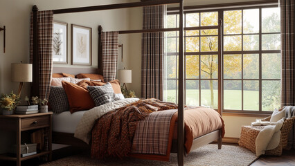 Fototapeta premium Autumnal Bedroom FourPoster Bed with Warm Hues and Plaid Accents