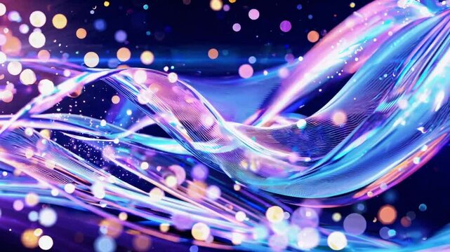 Fluid digital waves with iridescent colors swirling against dark background. Smooth curved lines with glowing particles creating dynamic motion. Seamless loop