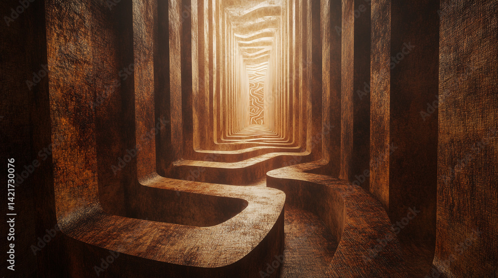 Poster surreal maze wallpaper with shifting pathways in warm tones and intricate patterns, evoking enchantm