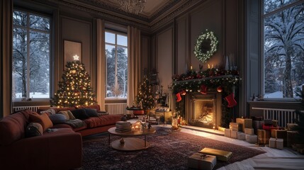 Luxurious holiday living room with Christmas tree, fireplace, gifts and winter snowscape