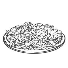 French cartoon salad Nicoise on plate outline. Hand Drawn gourmet snack with anchovies and eggs, tomato and cucumber slices, lettuce. Cuisine of France mascot, traditional salad vector illustration