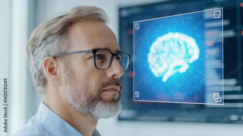 Poster innovative technology and digital brain interface showcasing mans interaction with innovation.