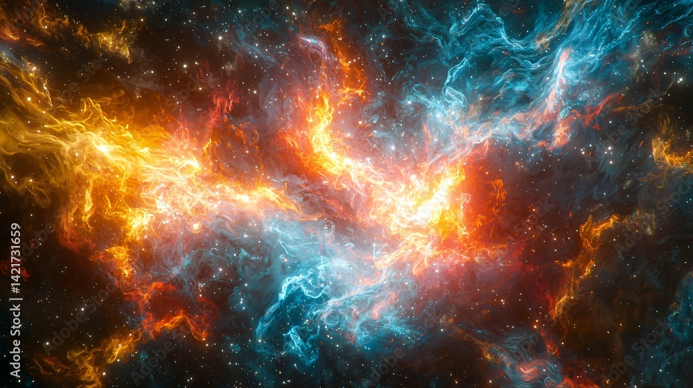 Aufkleber captivating nebula displaying bright orange and blue colors with ethereal quantum flashes creating a