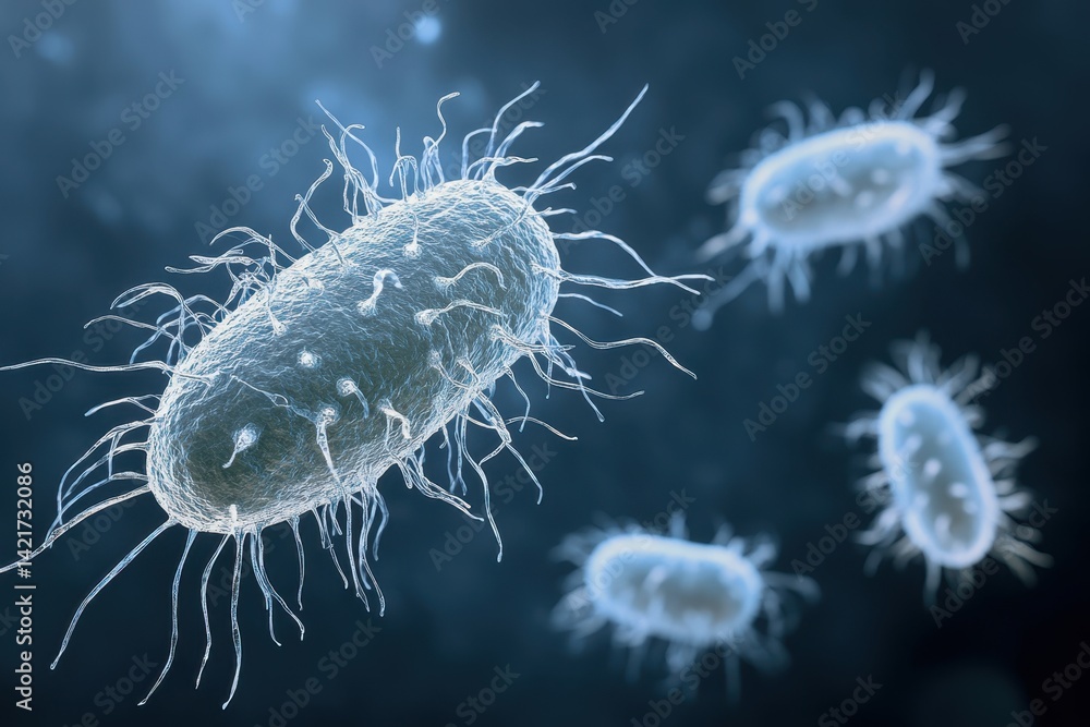 Poster detailed representation of microorganisms in a laboratory setting under a microscope