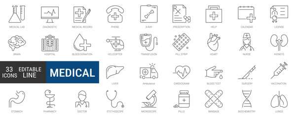 Medical and healthcare icons set, editable line icon pack. doctor, hospital, health, medicine, treatment, wellness symbols. simple vector collection.