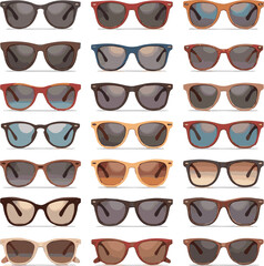 Create a kinds of Different stylized 20 sun glasses collection . Vector art with white background.