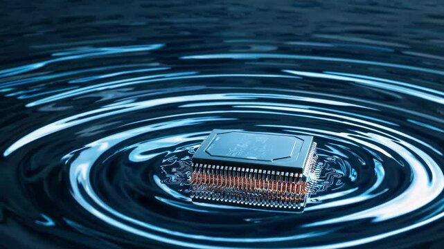 Computer microprocessor chip floating on liquid surface with concentric blue ripple waves, demonstrating technological innovation and fluid interaction concept. Seamless loop