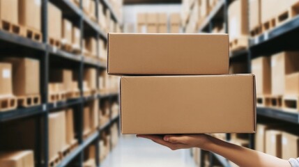 Hand Holding Stacked Cardboard Boxes In Warehouse Storage Interior, Generated AI