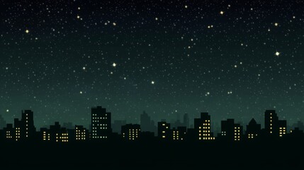 Flat style horizontal black silhouette of urban skyline with windows on transparent background, depicting night city panorama with modern buildings and minimal vector cityscape design concept.