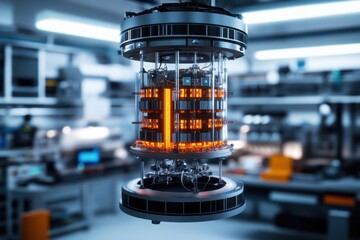 Modern quantum computer on display in a high-tech laboratory environment at night