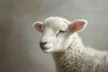 Obraz premium A charming white lamb gazing left, embodying innocence and tranquility on a soft gray backdrop, ideal for pastoral themes, children's books, and animal enthusiasts