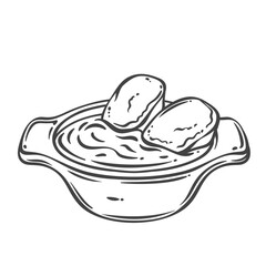 Onion soup, sketch gourmet dish. Outline hand drawn bowl of baked cheese, caramelized onion and broth with bread croutons serve. Cuisine of France, dinner mascot,rustic meal in pot vector illustration