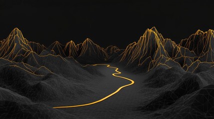 Neon Mountains And River Pathway In Modern Digital Style, Generated AI