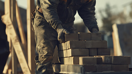 Construction Worker Stacking Bricks