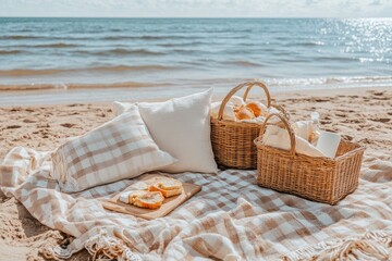 Beach picnic with baskets and pillows