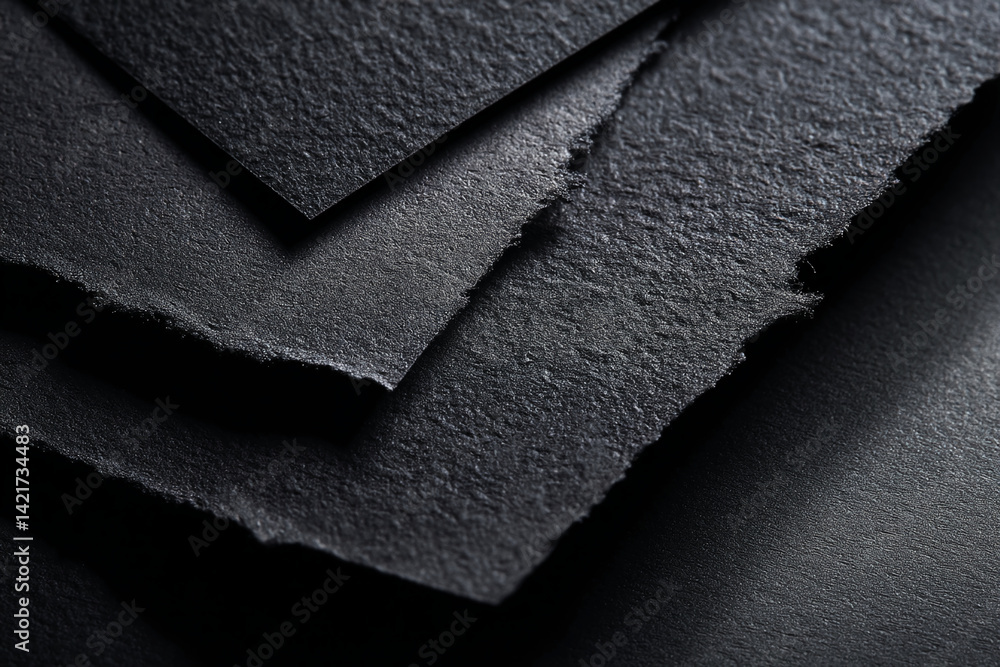 Poster close-up of dark gray textured paper, layered and slightly torn, creating a dramatic and edgy appear