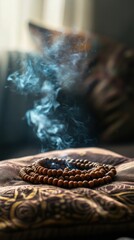 Spiritual Serenity: Mala Beads Amidst Incense Smoke, a moment of mindfulness