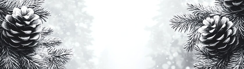 Elegant Christmas vector illustration with handdrawn fir branch and pine cones, tree silhouette in background, natural festive sketch art