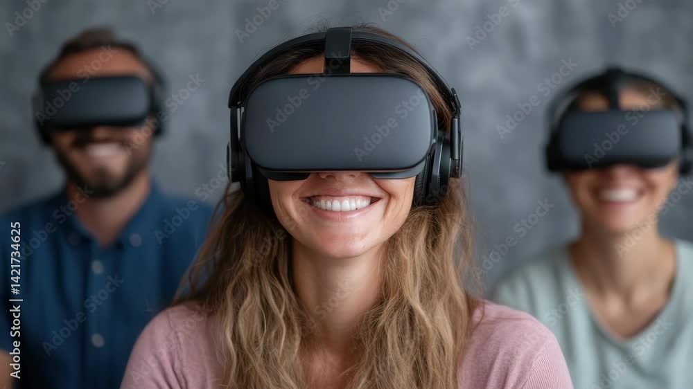 Poster immersive virtual reality technology with smiling users enjoying headsets together.