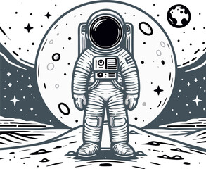 Monochrome Astronaut Standing on the Moon in Space