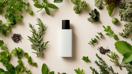 Natural Skincare Product Surrounded By Fresh Herbal Ingredients On Light Background, Generated AI