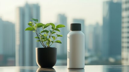 Modern Plant Arrangement With Bottle In Urban Office Setting, Generated AI