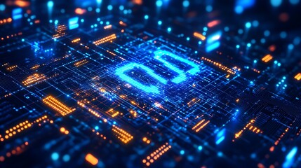 Obraz premium Futuristic digital circuit board with glowing blue and orange connections