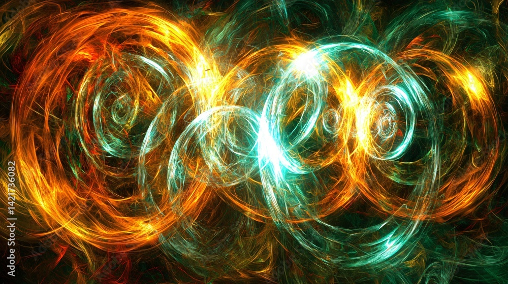 Poster dynamic and colorful swirl design representing celestial energy fields and hyperbolic energy loops i
