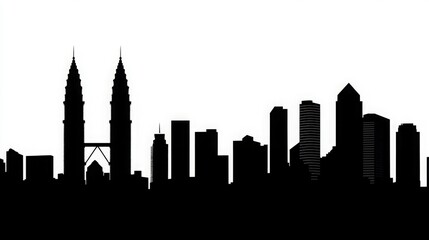 Naklejka premium Silhouette of Kuala Lumpur skyline featuring iconic towers and complete urban architecture, minimal black cityscape layout with detailed buildings for vector design and modern city concept.