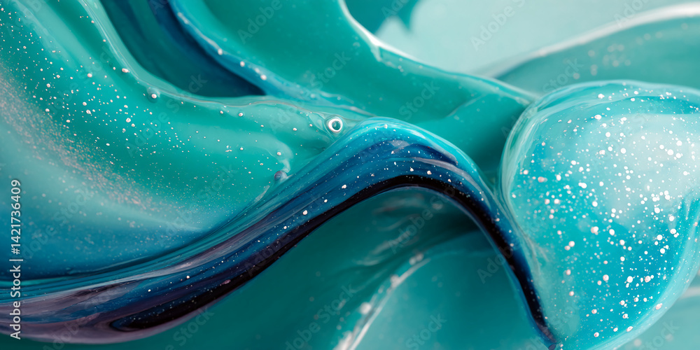 Aufkleber abstract image of teal and blue paint swirls, speckled with white glitter, creating a dynamic and fl
