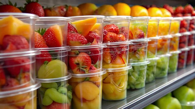 Colorful fruit cups in a market display, showcasing fresh snacks.