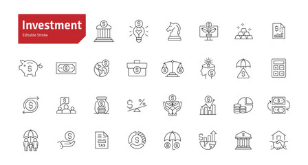 Investment Line Icons Set. Property, Economy, Portfolio, Strategy, Banking, Money, Investor, Currency, Retirement, Wealth Icons. Editable Stroke Vector Illustration