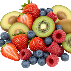 Obraz premium Delicious Fresh Fruit Strawberries Blueberries Raspberries Kiwi Avocado isolated on transparent background