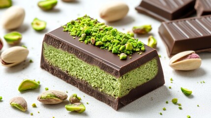 Delicious Chocolate Bar With Green Pistachio Filling On White Background, Generated AI