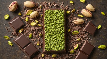 Delicious Gourmet Dark Chocolate Bar With Crunchy Pistachio, Top View, Generated AI