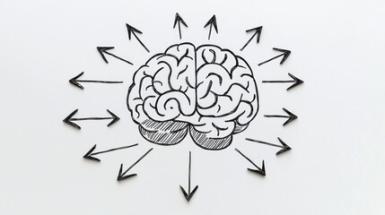 Human brain diagram with arrows pointing to different sections, on a simple white background.