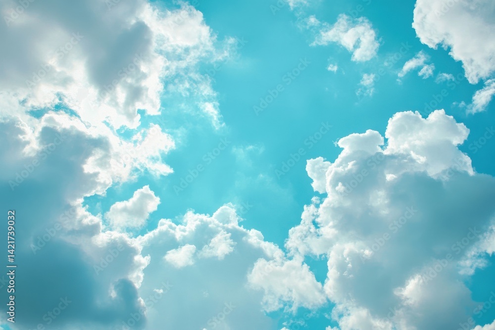 Poster soft azure sky featuring fluffy clouds for tranquil nature themes and soothing visual concepts