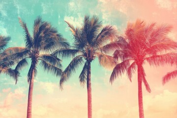 Tropical palm trees in warm retro tones for nostalgic beach escapes and summer adventures, ideal for travel lovers and holiday keepsakes