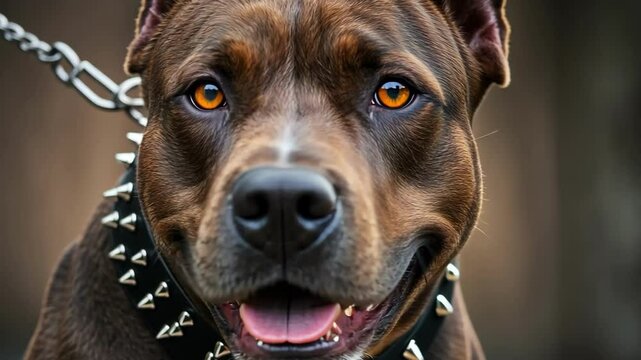 A playful pitbull with a spiked collar and happy expression.