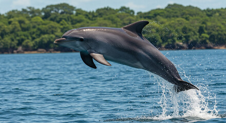 Fototapeta premium Dolphin Jumping Out of the Ocean on a Bright Day