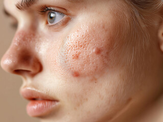 Fototapeta premium Young woman showing problematic skin with acne and rosacea
