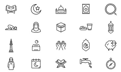 Set of 20 Outline Icons Related to Islam Religion, Ramadan, Prayer, and Muslim Culture. Editable Stroke. Vector Illustration.