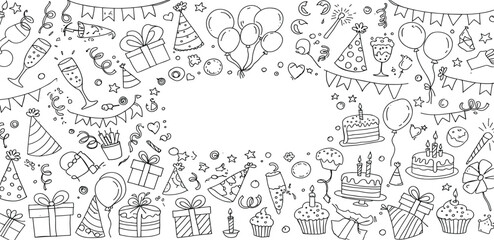 Obraz premium Birthday doodle icon element. Hand drawn sketch doodle birthday cake, balloon, event decoration element.