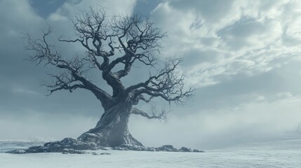 Solitary, ancient tree on a snowy plain under a stormy sky.  Vast, leafless branches reach towards a cloudy sky.  A winter landscape of stark beauty